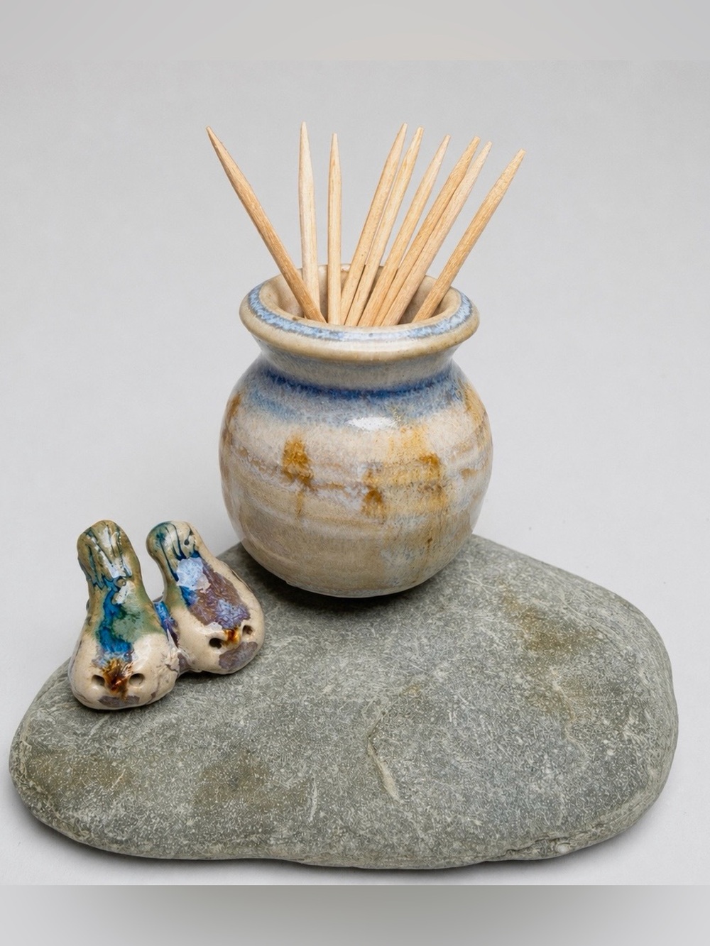 Handmade Studio Pottery Art Toothpick Holder Birds Rustic Farmhouse Decor
